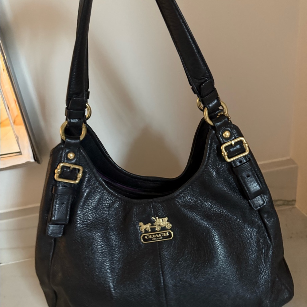 Coach Black Textured Leather Shoulder Bag with Gold Accents